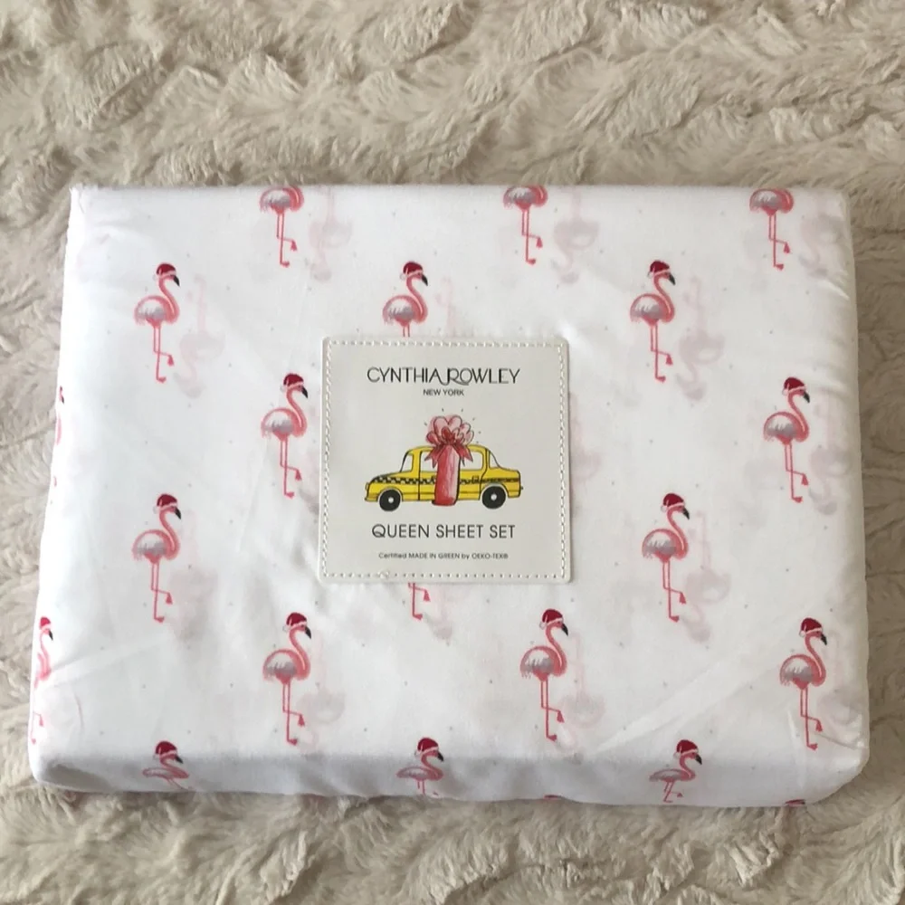 Cynthia Rowley FLAMINGO Santa Sheet Set - QUEEN